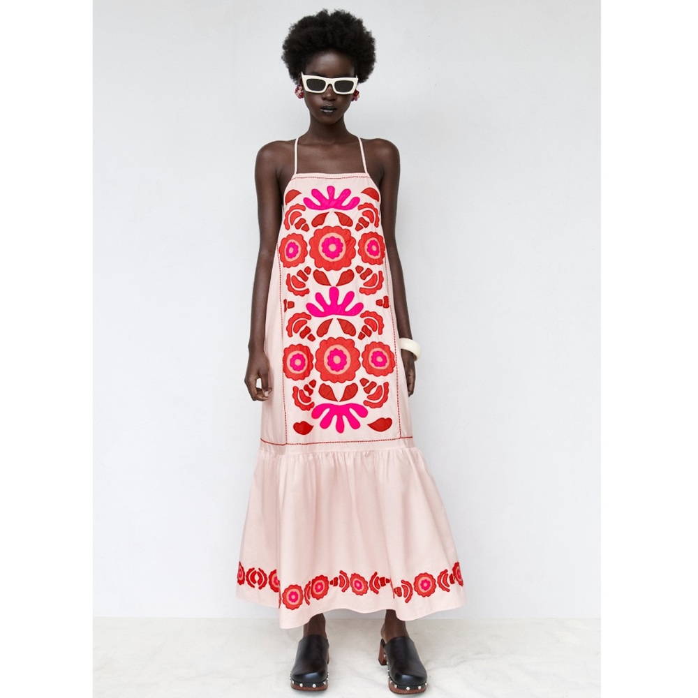 NWT Zara Woman Embroidered Floral Pink LIMITED EDITION Dress Size XL